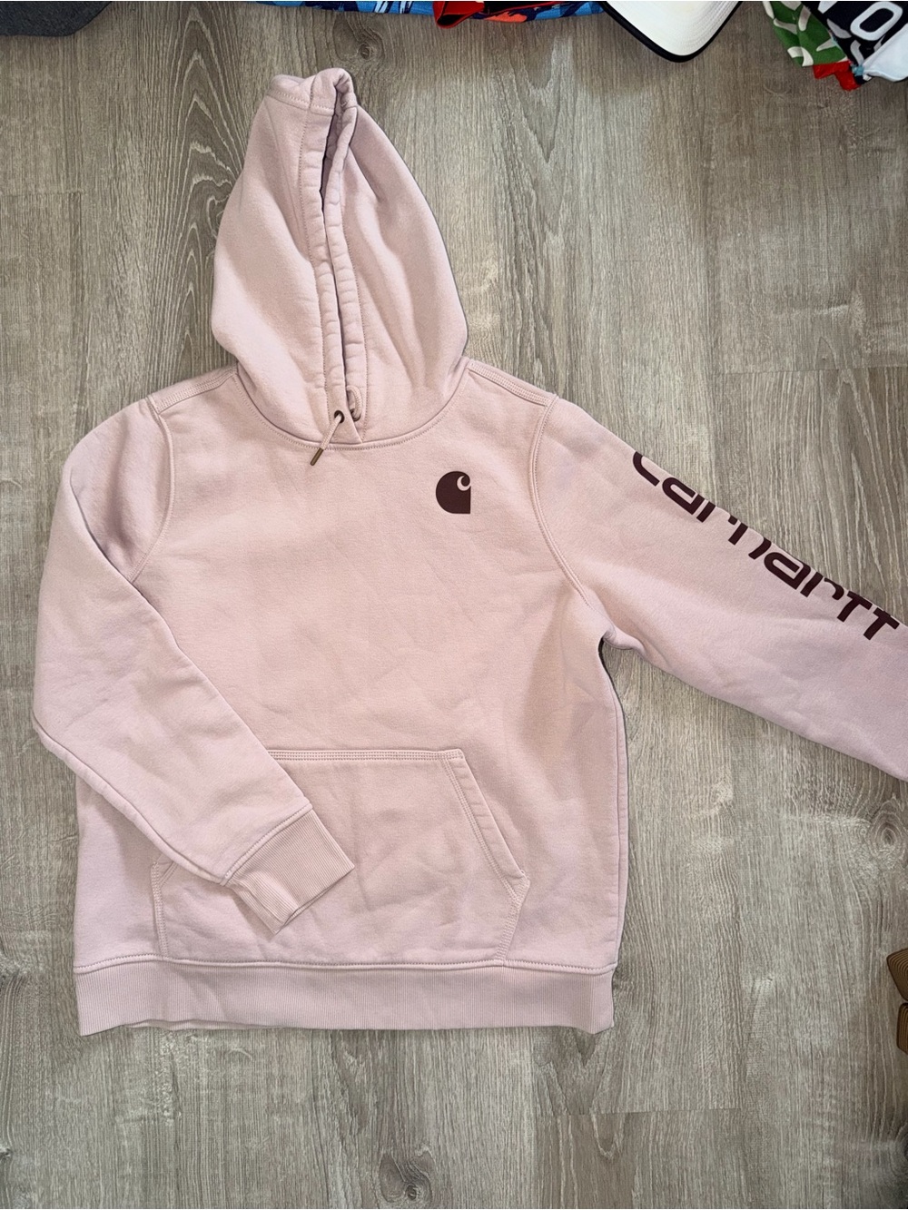 Carhartt Women's Dusty Pink Pullover Hoodie with Maroon Logo
